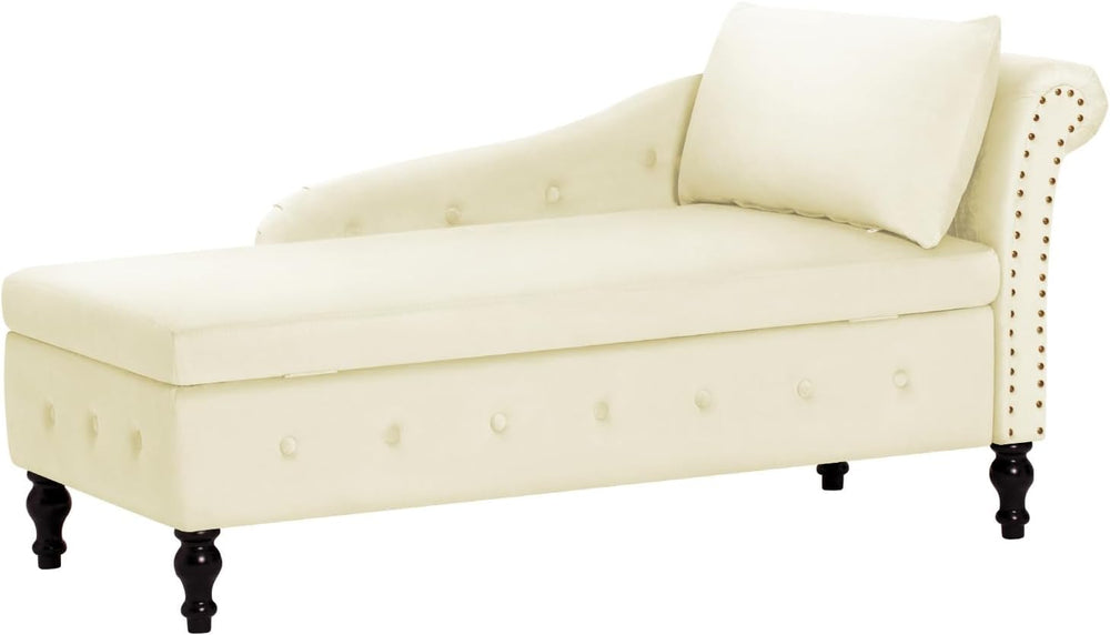 Velvet Chaise Lounge w/Right Armrest & Storage Space, Beige