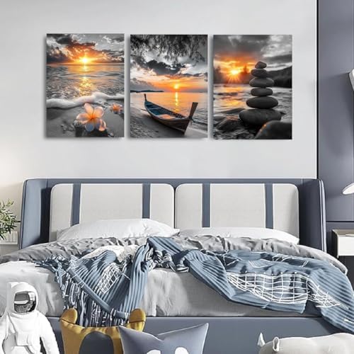 Yxbhhym Beach Bathroom Wall Art Black and White Gold Wall Decor Ocean Canvas ...