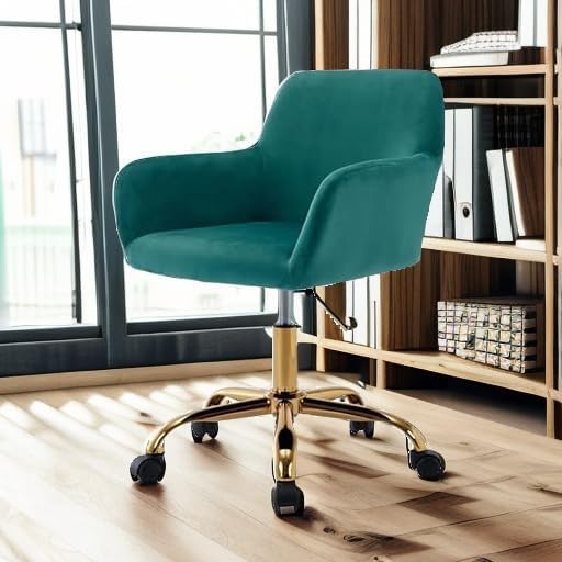 Office Velvet Faux Fur Vanity Desk Chair with Golden Base, Green