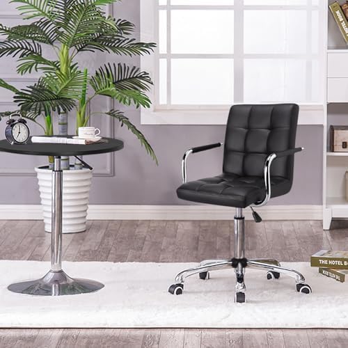 Yaheetech Black Vanity Desk Chair with Wheels, Tufted PU Leather Armchair