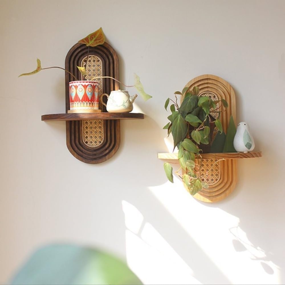 Arch Rattan Floating Shelf, Mid-Century Wood Wall Mounted, Bohemian Hanging S...