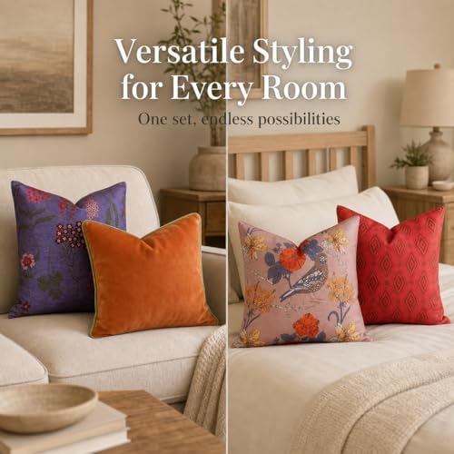 Embroidered Bold Patterned Throw Pillow Covers, 4 Pack Set, 18x18 Inch Floral...