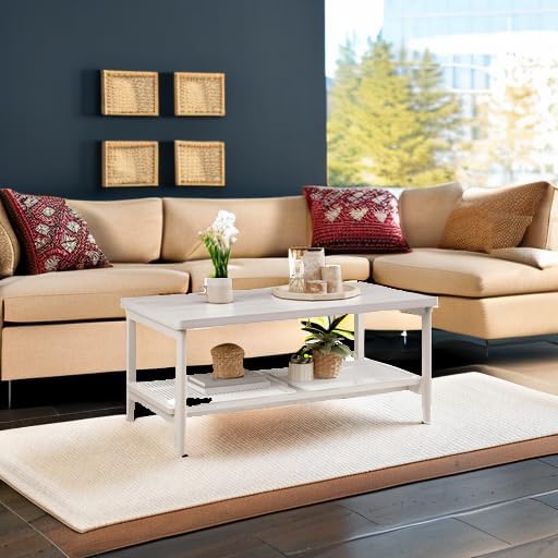 VASAGLE 2-Tier Coffee Table, Rectangular, PE Rattan Shelf, Rounded Corners