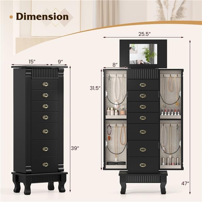 LDAILY Standing Jewelry Armoire Cabinet, Wooden Storage Chest