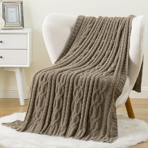Battilo Tan Throw Blanket for Couch, 51"x67" Textured Cable Knit Bl...