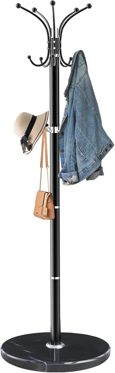 Snaikor Metal Coat Rack Freestanding with Marble Base 360°Rotary 14 Hooks