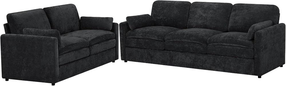 2 Pieces Chenille Upholstered Sofa Set w/Thicker Cushions, Black