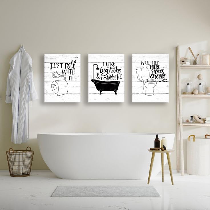 Funny Bathroom Canvas Wall Art Black and White Toilet Bathtub Bath Set Poster...