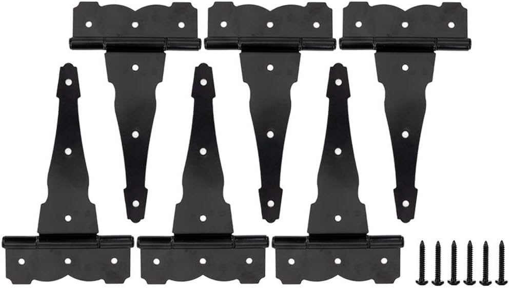 HOME MASTER HARDWARE 8" Heavy Duty Gate Hinges, 6 Pack Black T Strap Hinges