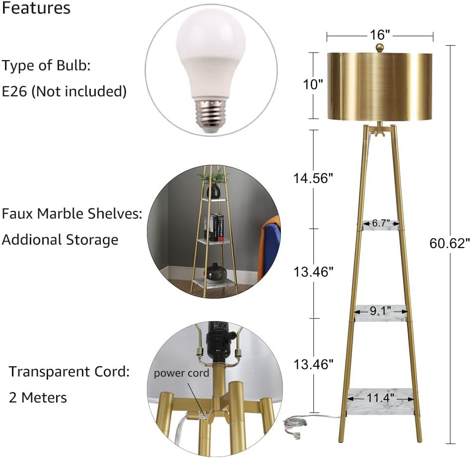 ROSEN GARDEN Floor Lamp, Standing Reading Light with Shelves and Gold Shade, ...
