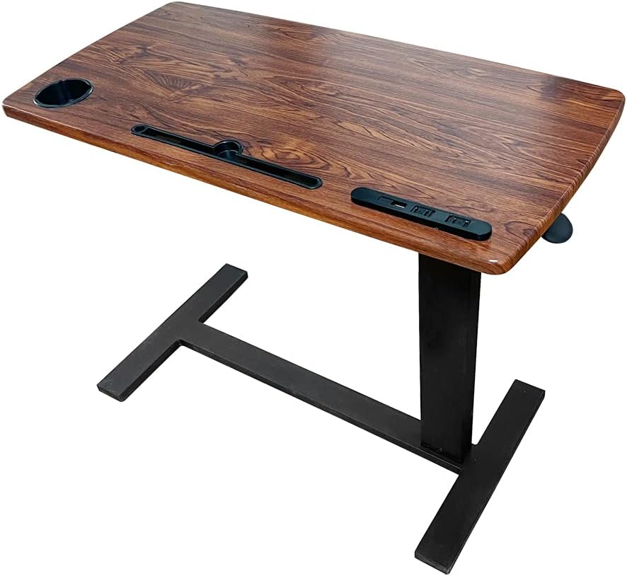 Over Bed Table Pneumatic Adjustable Height Stand Desk with Hidden Wheels USB ...