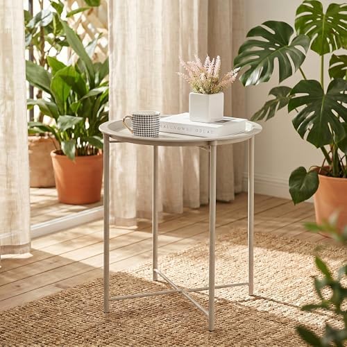 VECELO Side/End Table, Folding Round Metal Anti-Rust and Waterproof Outdoor o...