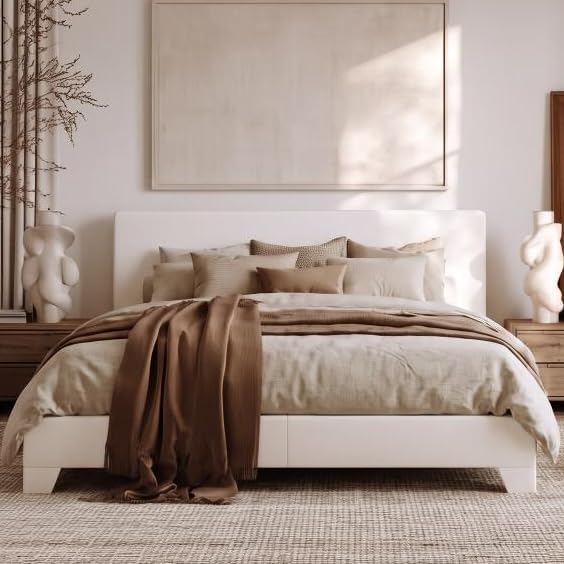 Allewie Full Size Upholstered Bed Frame Adjustable Headboard, White