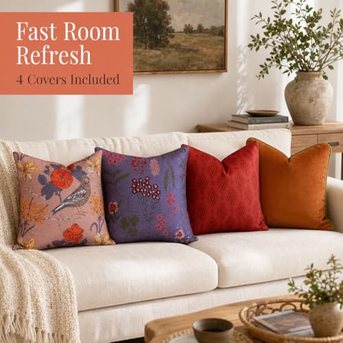 Embroidered Bold Patterned Throw Pillow Covers, 4 Pack Set, 18x18 Inch Floral...