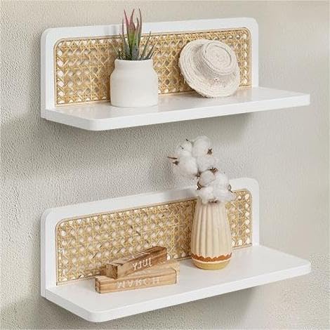 White Rattan Wall Shelf, Boho Floating Shelves, 16 Inch