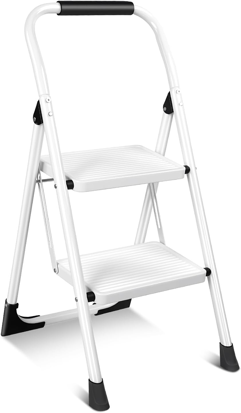 Valeo 2 Step Ladder, Folding Step Stool for Adults,White
