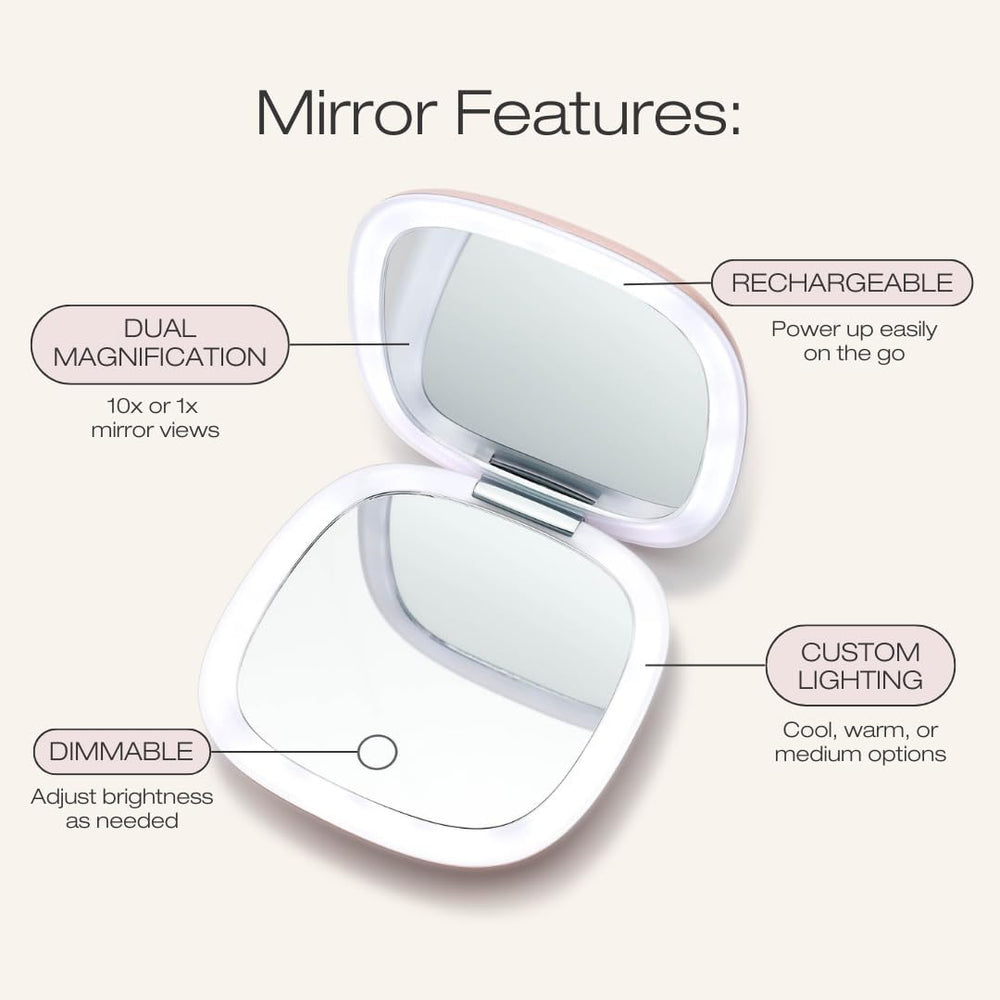 Woosh Beauty Fold Out Mirror | Travel Compact LED Light Mirror | 1x/10x Dual ...
