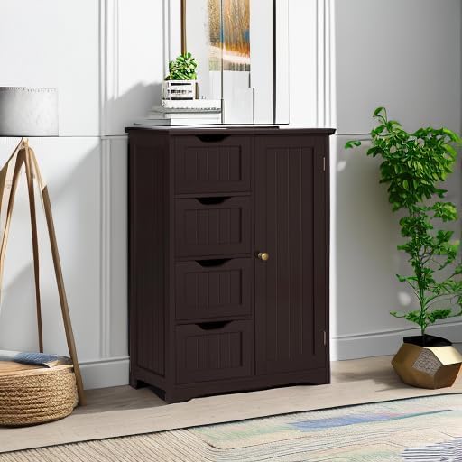 Yaheetech Bathroom Storage Cabinet with 4 Drawers and Door, Espresso