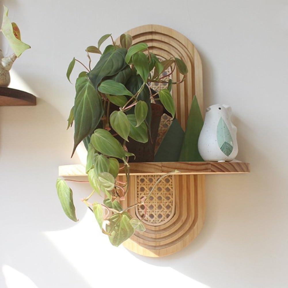 Arch Rattan Floating Shelf, Mid-Century Wood Wall Mounted, Bohemian Hanging S...