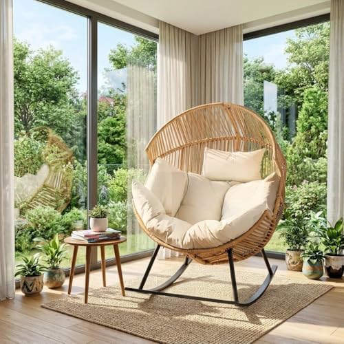 Oversized Outdoor Rocking Chair Set of 2, Wicker Egg Patio Lounge Chair Baske...