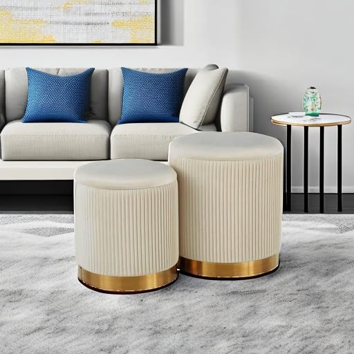 YYW HOME Round Ottoman with Storage Set of 2 White Vanity Stool Foot Rest