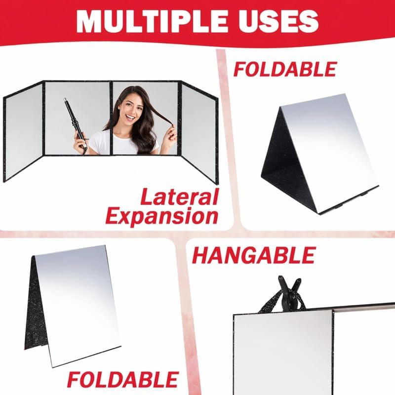 Foldable Acrylic Full Length Mirror with Handle, Black, Tri-Fold