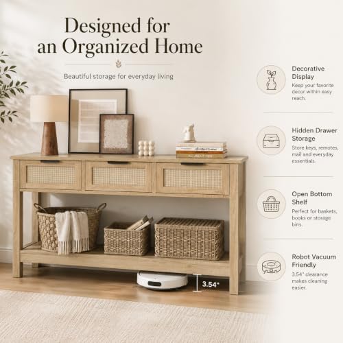 Luoxiao Rattan Console Table 3-Drawer 47" Narrow Wood Entryway Sofa Table