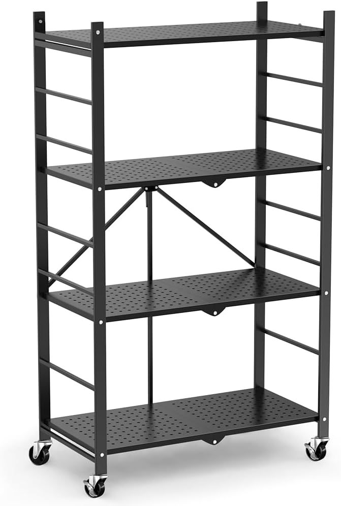Himix 4-Tier Foldable Storage Shelf with Wheels 20 Hooks Black No Assembly
