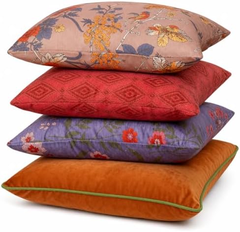 Embroidered Bold Patterned Throw Pillow Covers, 4 Pack Set, 18x18 Inch Floral...