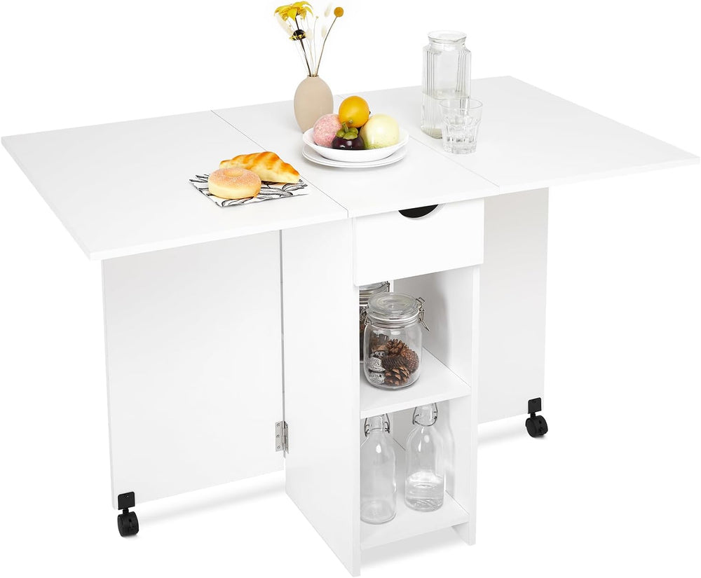Mondeer Folding Dining Table with Drawer and Shelves, White
