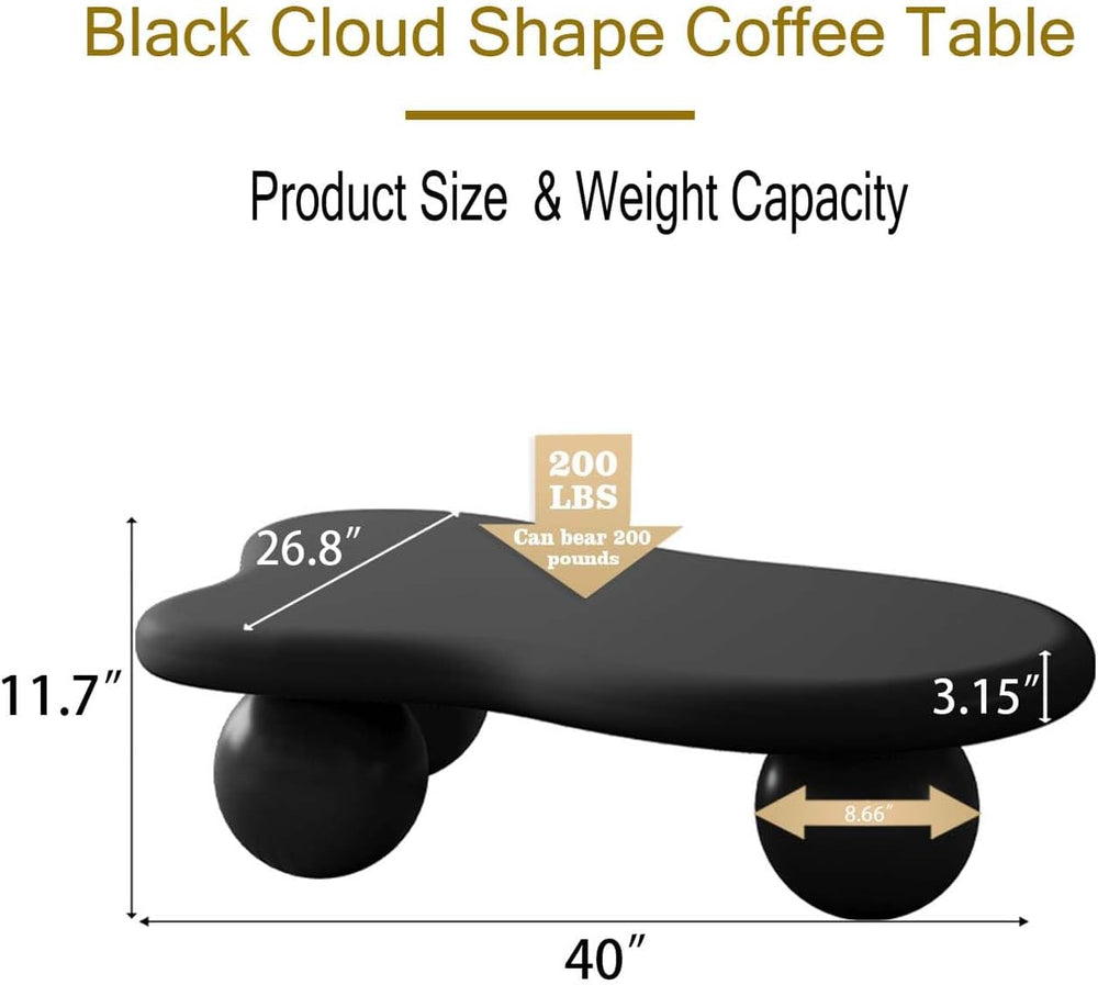 40" Black Modern Coffee Table Cloud Shape Low Center Table with 3 Ball Legs