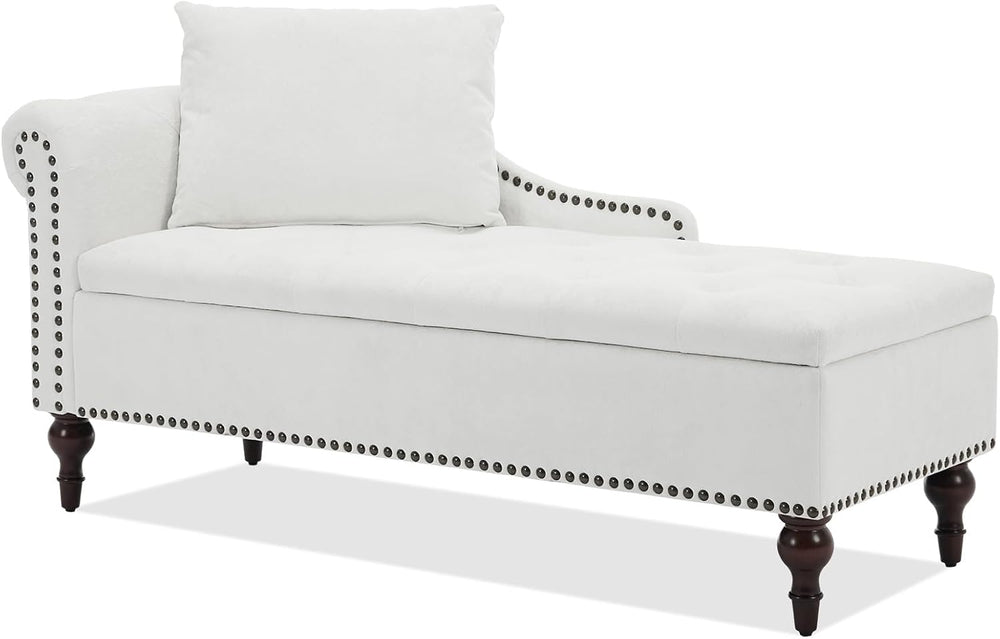 SOFTHION Velvet Chaise Lounge with Storage & Left Armrest, White