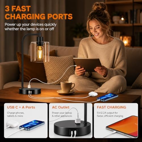 Set of 2 Industrial Touch Control Table Lamps with USB C+A Ports and AC Outle...