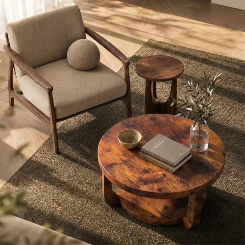 Round Coffee Table, 2-Tier Circle Coffee Table with Storage (Brown)