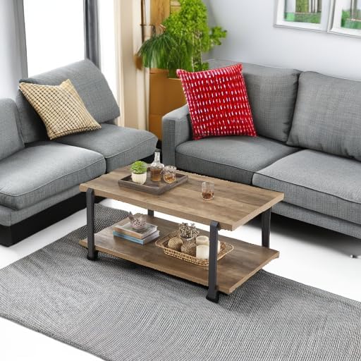 FOLUBAN Industrial Coffee Table with Shelf, Wood and Metal Rustic Cocktail Ta...