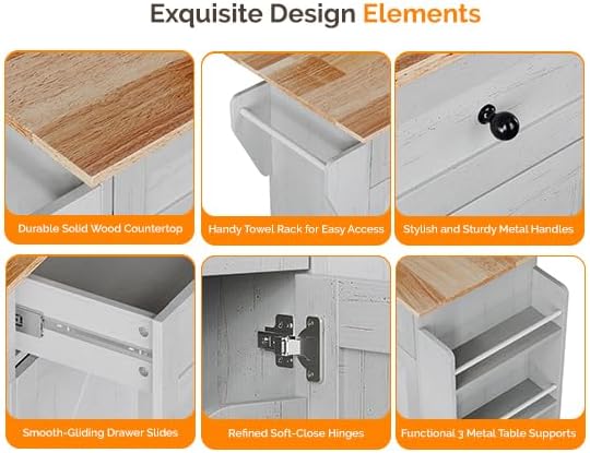 VINGLI 52" W Rolling Kitchen Island with Storage, Sliding Doors, White