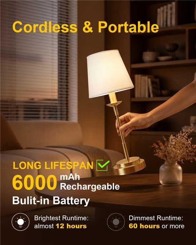 Rechargeable Cordless Table Lamp Brass 17‑inch,6000mAh Built‑in Battery