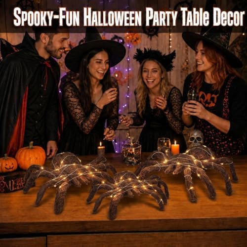 3 Pcs Halloween Rattan Woven Fake Spider Decor with String Lights