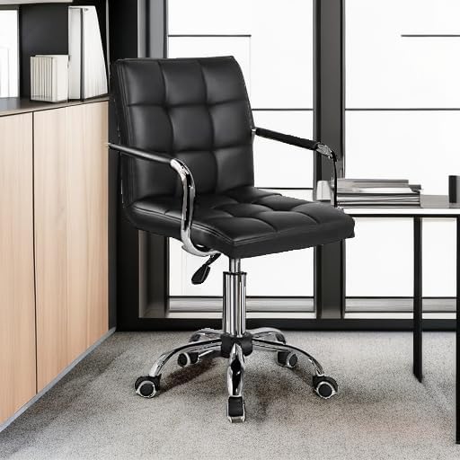 Yaheetech Black Vanity Desk Chair with Wheels, Tufted PU Leather Armchair