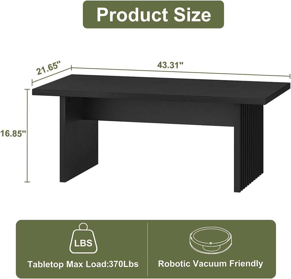 BON AUGURE Black Coffee Table, 43 Inch Fluted Living Room Tables, Modern