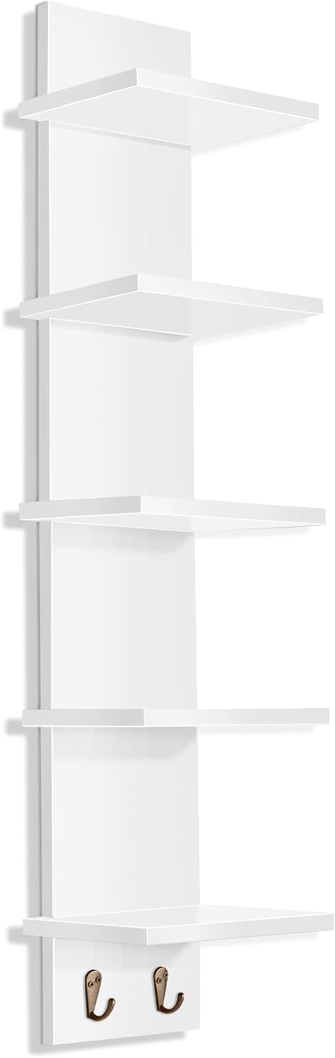 Sorbus 5-Tier Floating Wall Shelf with Hooks, 31 Inch (1 Pack, White)