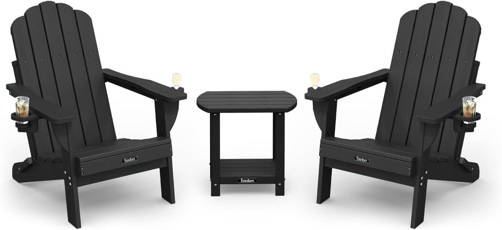 Folding Adirondack Chair 3-Piece(2 Chairs+ 1 Table) Set with Wood Grain, HDPE...