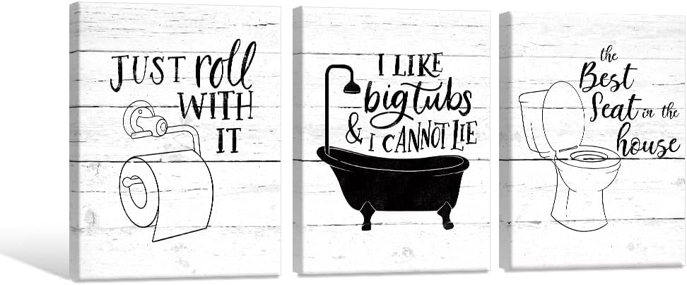 Funny Bathroom Canvas Wall Art Black and White Toilet Bathtub Bath Set Poster...