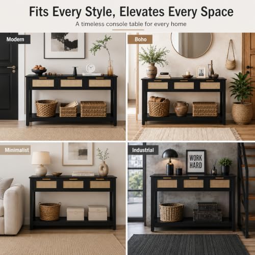 Luoxiao Rattan Console Table 3-Drawer 47" Narrow Black Entryway Sofa Table