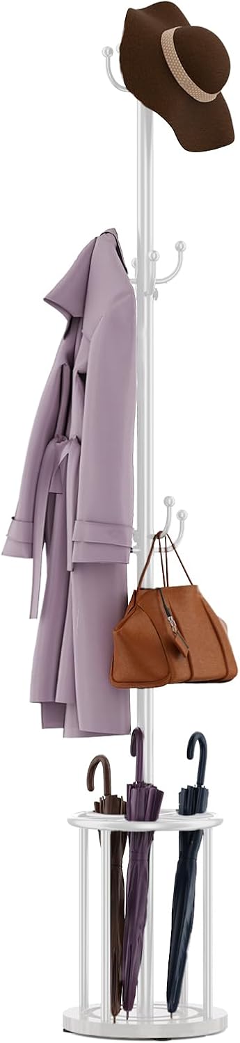 White Coat Rack Freestanding, Coat Rack Stand with Umbrella Holder