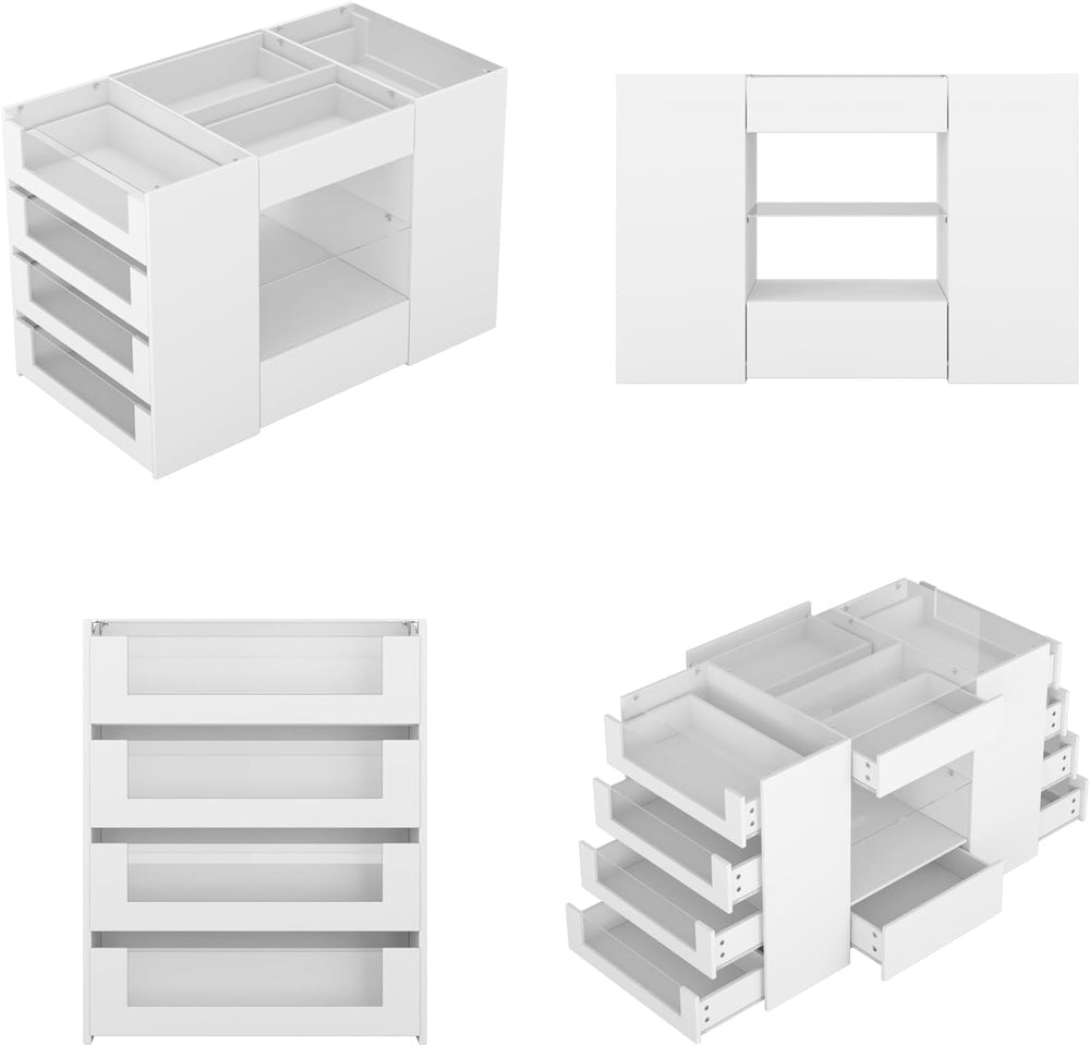 LIVAUVEAD Closet Island with 12 Drawers, Glass Top & Display Shelves, White