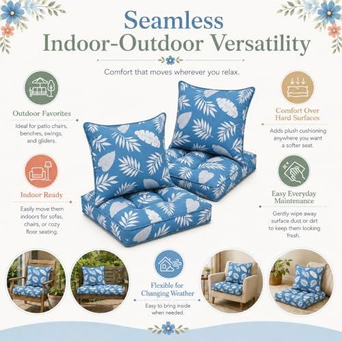 Outdoor Seat Cushions Set of 2 (Blue Leaf, 22"x22")