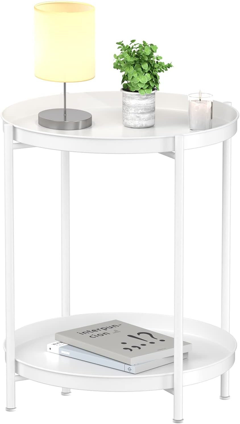 EKNITEY 2 Tier End Table - Metal Side Table with Removable Tray (White)
