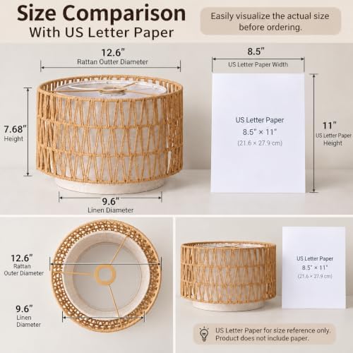Boho Rattan Lamp Shade, 12.6" Top x 12.6" Bottom x 7.68" High,...