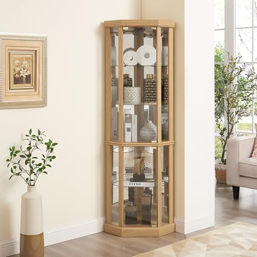 69" H Corner Curio Cabinet with Light, Corner Glass Display Showcase wit...